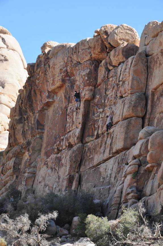 Para onde se olhe, há grandes paredões de pedra e pessoas escalando, no Joshua Tree National Park, região de Pioneertown, na Califórnia - Estados Unidos